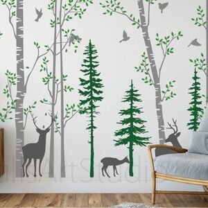 Nature-Inspired Wall Decal with Green and Gray Trees